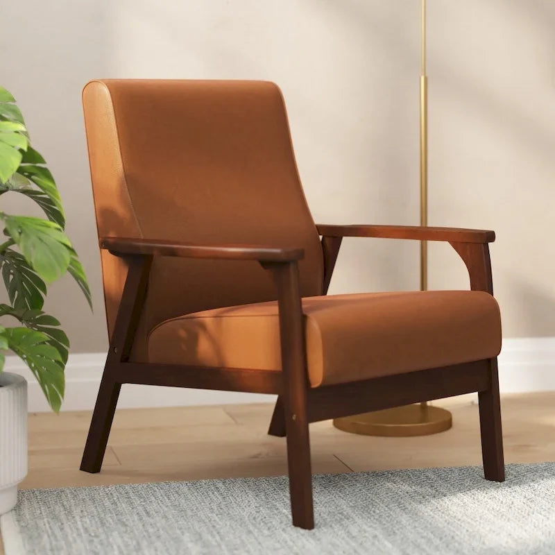 Mid-Century Modern Armchair with Wooden Frame and Faux Leather Cushions