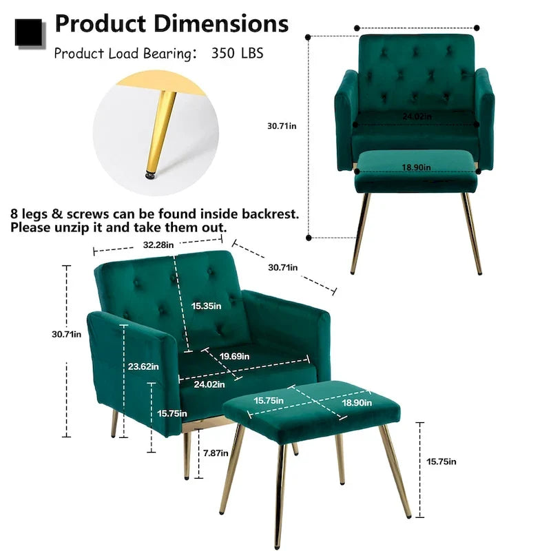 HOMEFUN Velvet Tufted Adjustable Armrests and Backrest Armchair with Ottoman