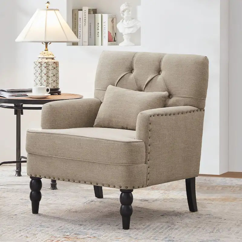 HUIMO Arm Chair Upholstered Button Tufted Accent Chair with Lumbar Pillow Beige/ Grey/ Light Blue/Brown