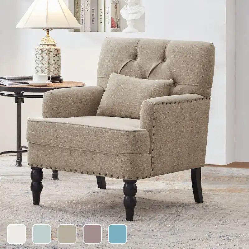 Fauteuil rembourré HUIMO avec boutons touffetés et oreiller lombaire Beige/Gris/Bleu clair/Marron