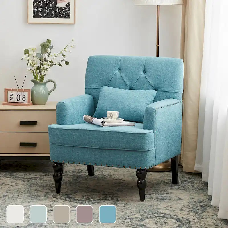 HUIMO Arm Chair Upholstered Button Tufted Accent Chair with Lumbar Pillow Beige/ Grey/ Light Blue/Brown