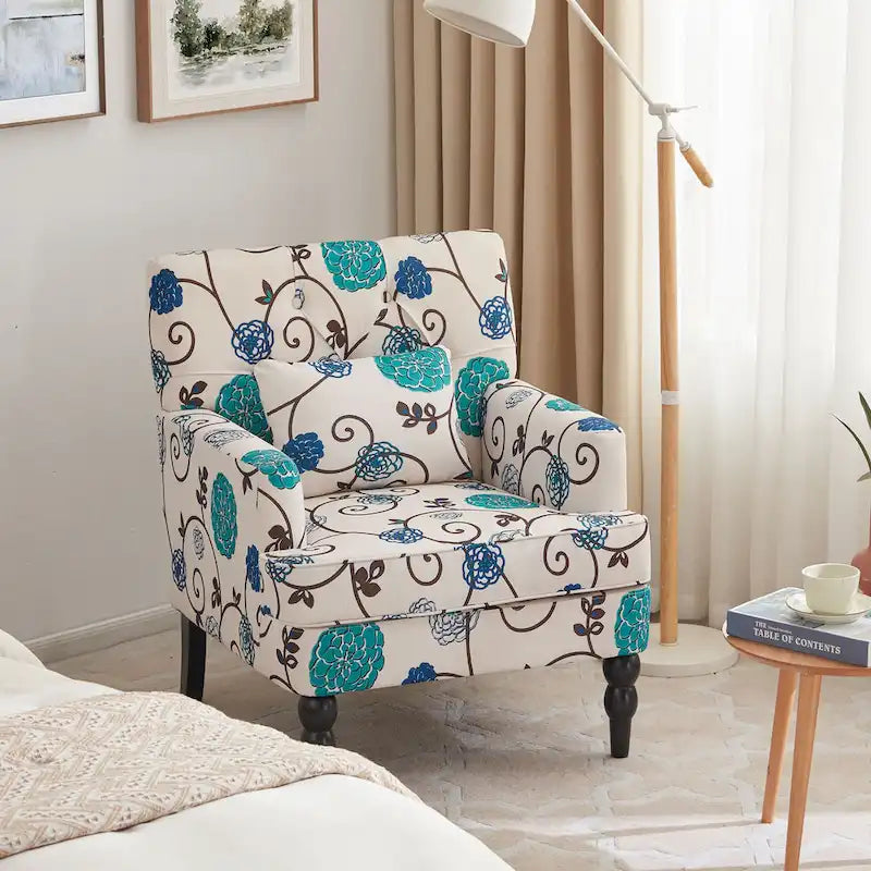 Fauteuil rembourré HUIMO avec boutons touffetés et oreiller lombaire Beige/Gris/Bleu clair/Marron