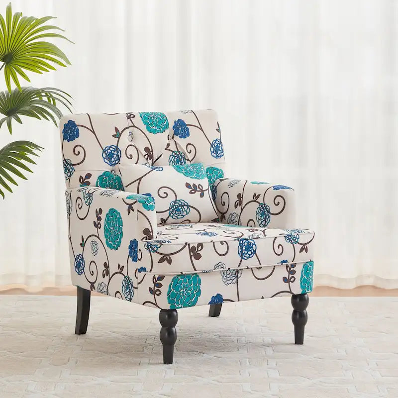 Fauteuil rembourré HUIMO avec boutons touffetés et oreiller lombaire Beige/Gris/Bleu clair/Marron