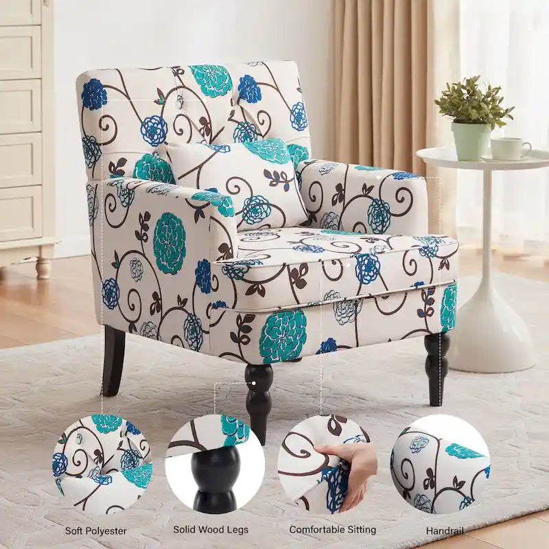 Fauteuil rembourré HUIMO avec boutons touffetés et oreiller lombaire Beige/Gris/Bleu clair/Marron