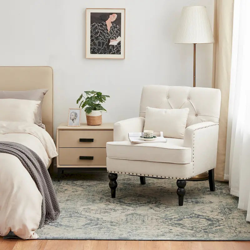 Fauteuil rembourré HUIMO avec boutons touffetés et oreiller lombaire Beige/Gris/Bleu clair/Marron