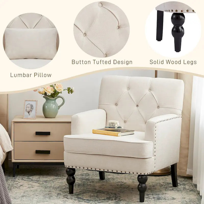 Fauteuil rembourré HUIMO avec boutons touffetés et oreiller lombaire Beige/Gris/Bleu clair/Marron