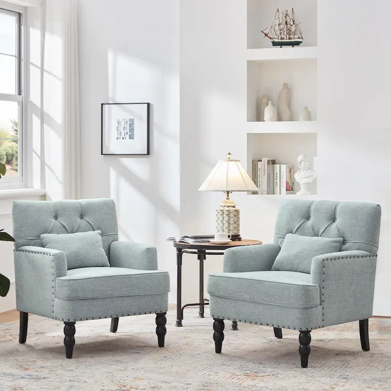 Fauteuil rembourré HUIMO avec boutons touffetés et oreiller lombaire Beige/Gris/Bleu clair/Marron