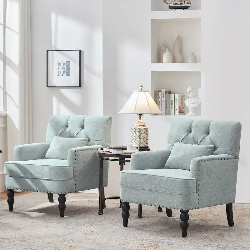 Fauteuil rembourré HUIMO avec boutons touffetés et oreiller lombaire Beige/Gris/Bleu clair/Marron
