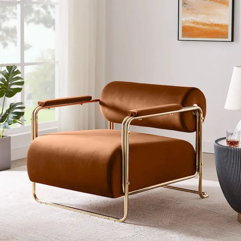 VANOMi 31 Wide Futuristic Velvet Armchair With Glossy Gold Frame Cylindrical Backrest