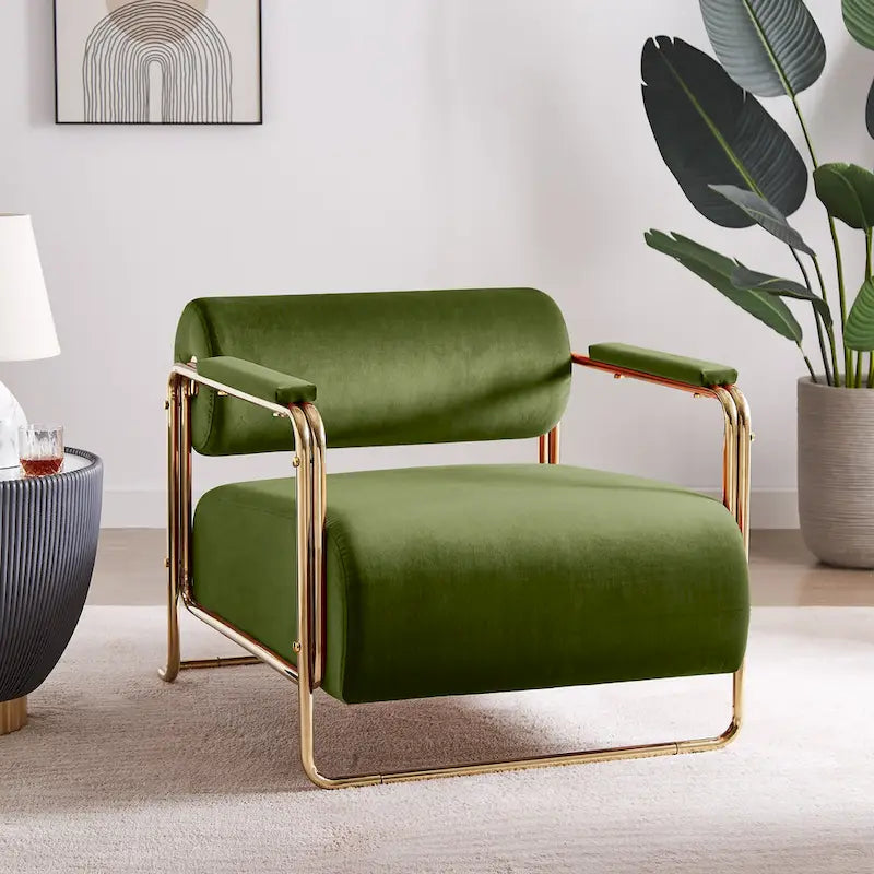VANOMi 31 Wide Futuristic Velvet Armchair With Glossy Gold Frame Cylindrical Backrest