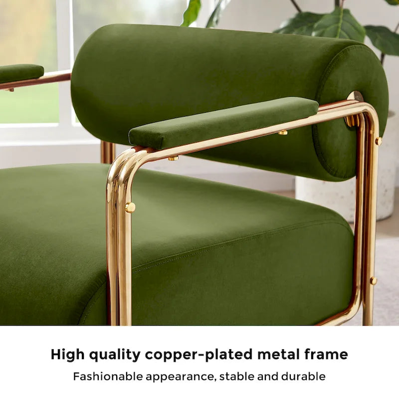 VANOMi 31 Wide Futuristic Velvet Armchair With Glossy Gold Frame Cylindrical Backrest