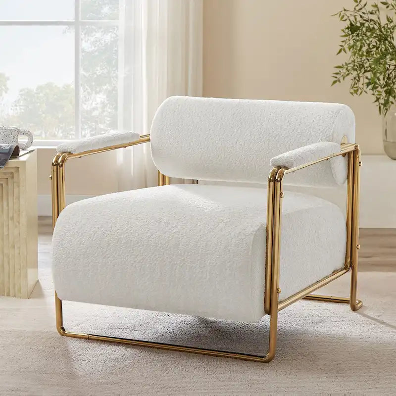 VANOMi 31 Wide Futuristic Velvet Armchair With Glossy Gold Frame Cylindrical Backrest