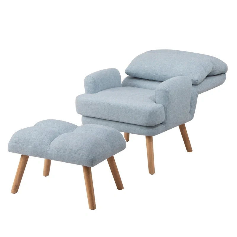 Accent Chair with Ottoman Set, Fabric Armchair with Wood Legs and Adjustable Backrest , Mid Century Modern Comfy Lounge Chair