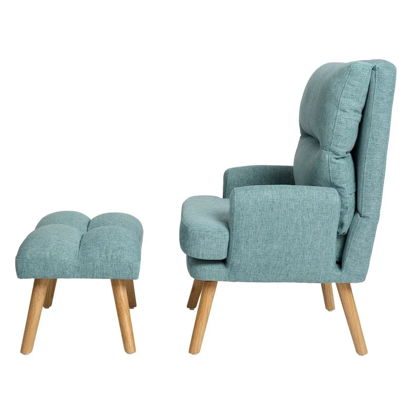 Accent Chair with Ottoman Set, Fabric Armchair with Wood Legs and Adjustable Backrest , Mid Century Modern Comfy Lounge Chair