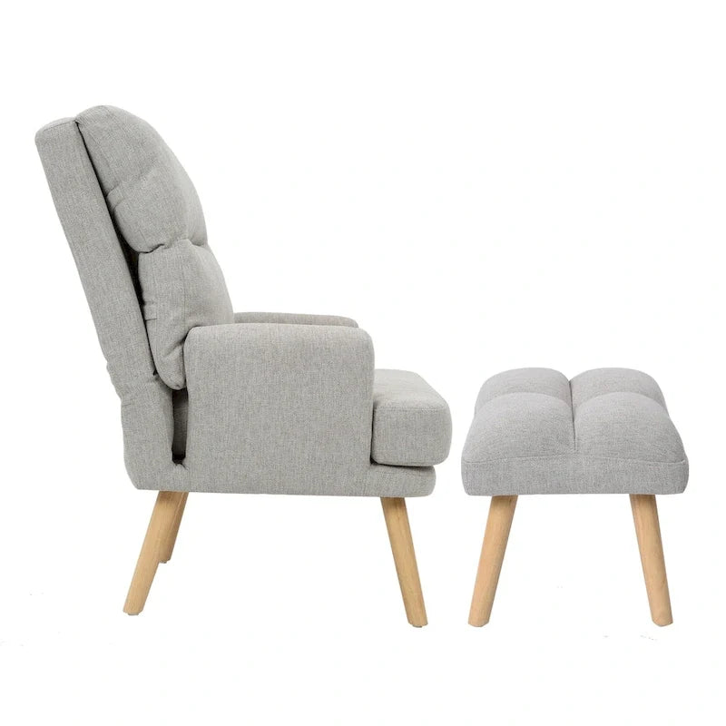Accent Chair with Ottoman Set, Fabric Armchair with Wood Legs and Adjustable Backrest , Mid Century Modern Comfy Lounge Chair