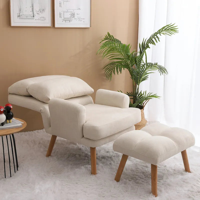 Accent Chair with Ottoman Set, Fabric Armchair with Wood Legs and Adjustable Backrest , Mid Century Modern Comfy Lounge Chair