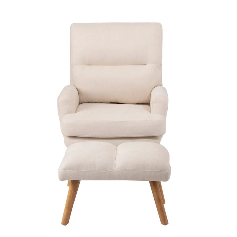 Accent Chair with Ottoman Set, Fabric Armchair with Wood Legs and Adjustable Backrest , Mid Century Modern Comfy Lounge Chair