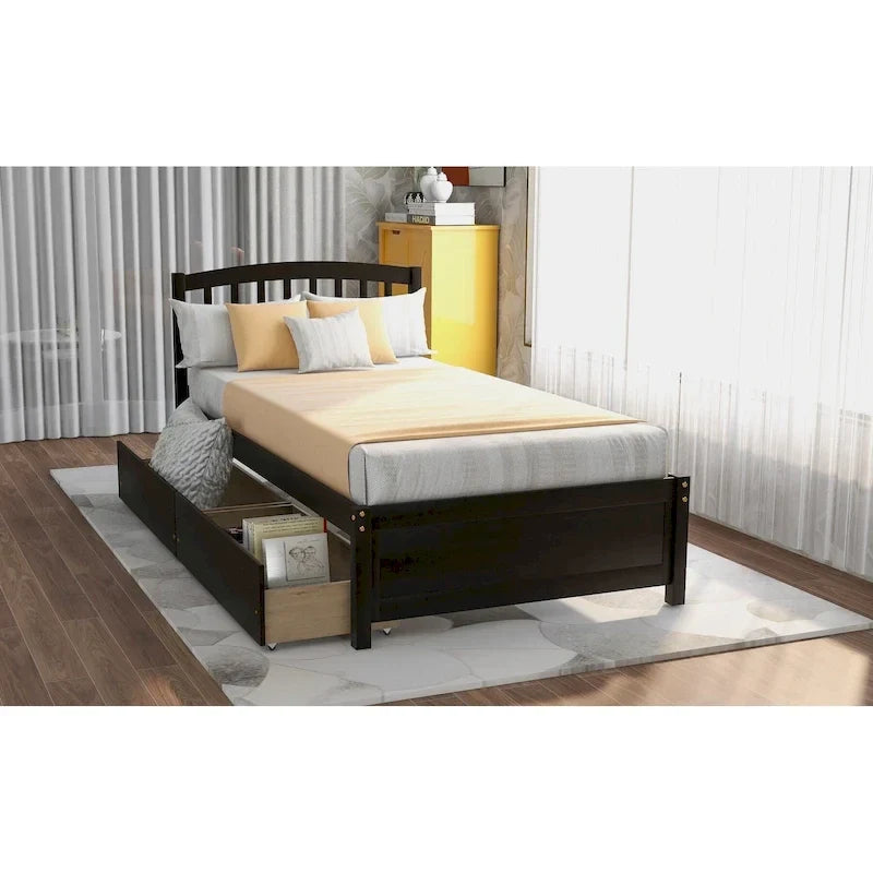 Letto a piattaforma singolo in legno Nestfair con due cassetti e testiera