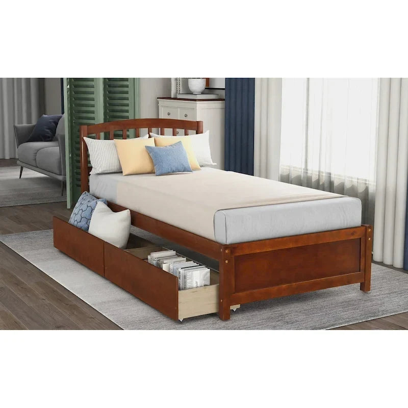 Letto a piattaforma singolo in legno Nestfair con due cassetti e testiera
