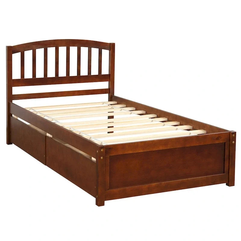 Letto a piattaforma singolo in legno Nestfair con due cassetti e testiera
