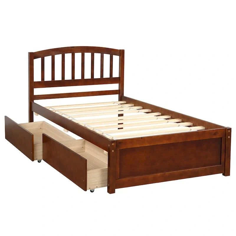 Letto a piattaforma singolo in legno Nestfair con due cassetti e testiera