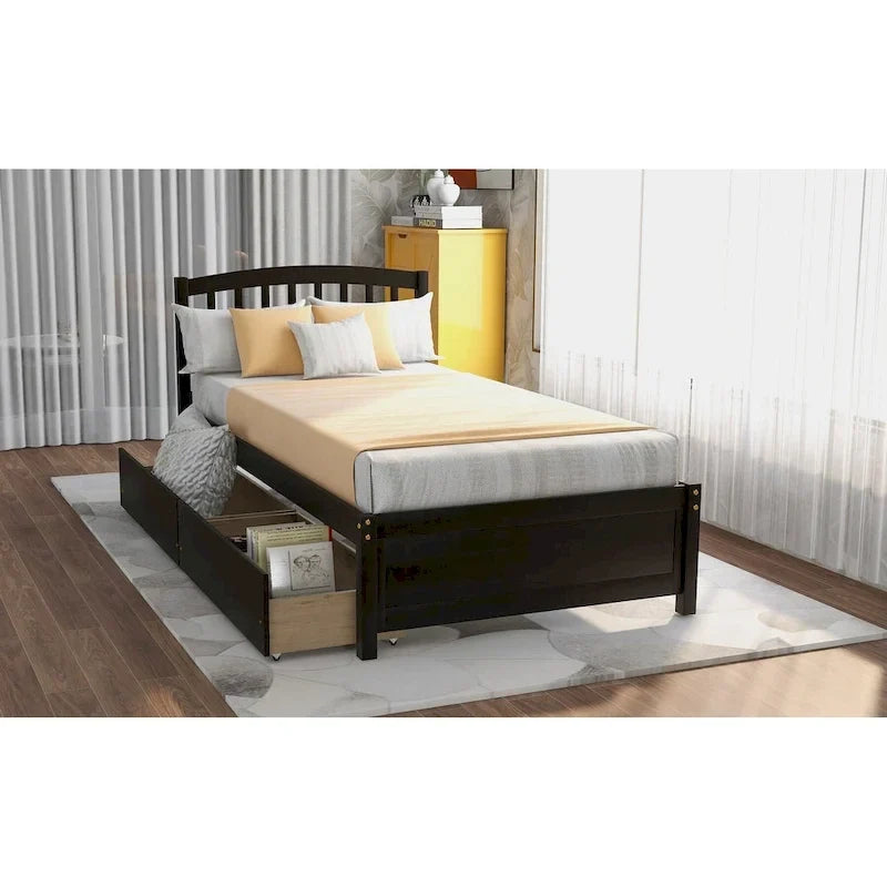 Letto a piattaforma singolo in legno Nestfair con due cassetti e testiera