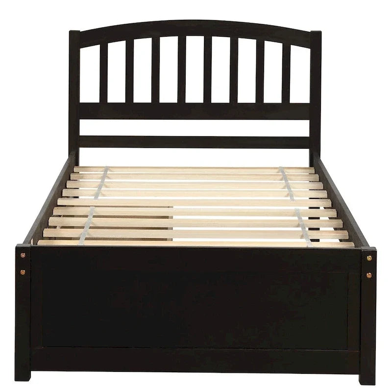 Letto a piattaforma singolo in legno Nestfair con due cassetti e testiera
