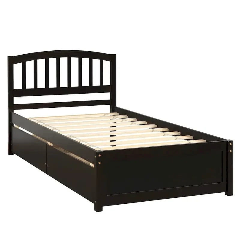 Letto a piattaforma singolo in legno Nestfair con due cassetti e testiera
