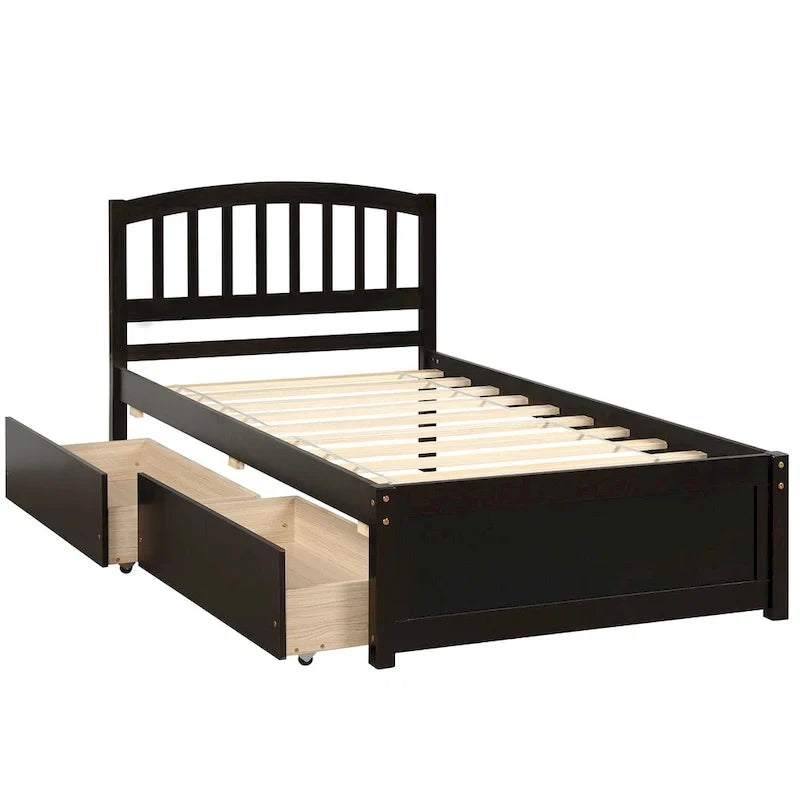 Letto a piattaforma singolo in legno Nestfair con due cassetti e testiera