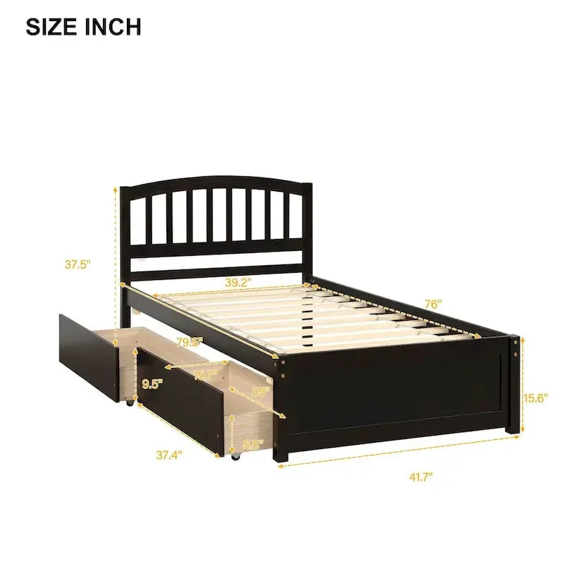 Letto a piattaforma singolo in legno Nestfair con due cassetti e testiera