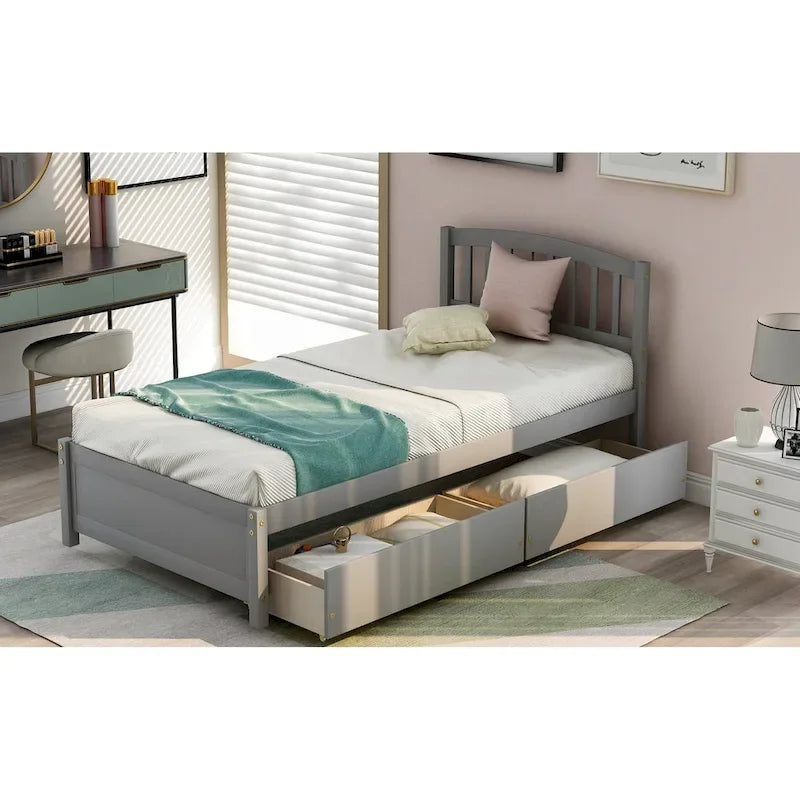 Letto a piattaforma singolo in legno Nestfair con due cassetti e testiera