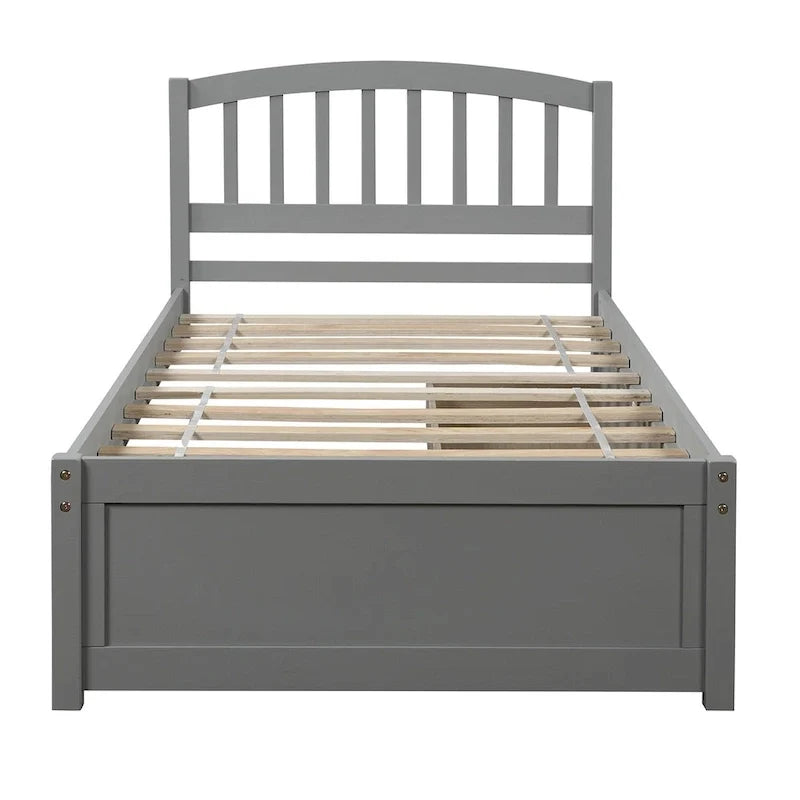 Letto a piattaforma singolo in legno Nestfair con due cassetti e testiera