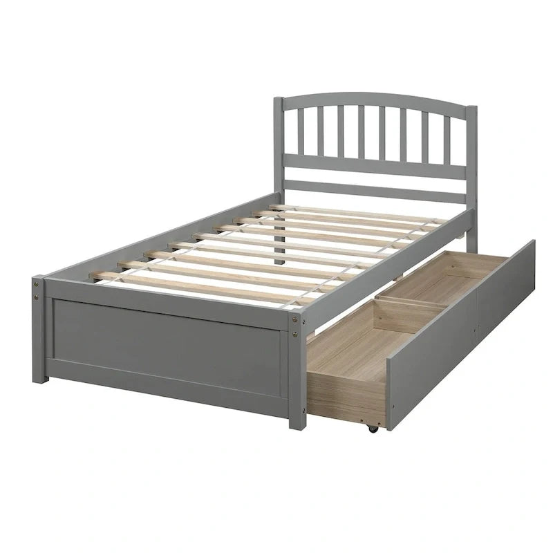 Letto a piattaforma singolo in legno Nestfair con due cassetti e testiera