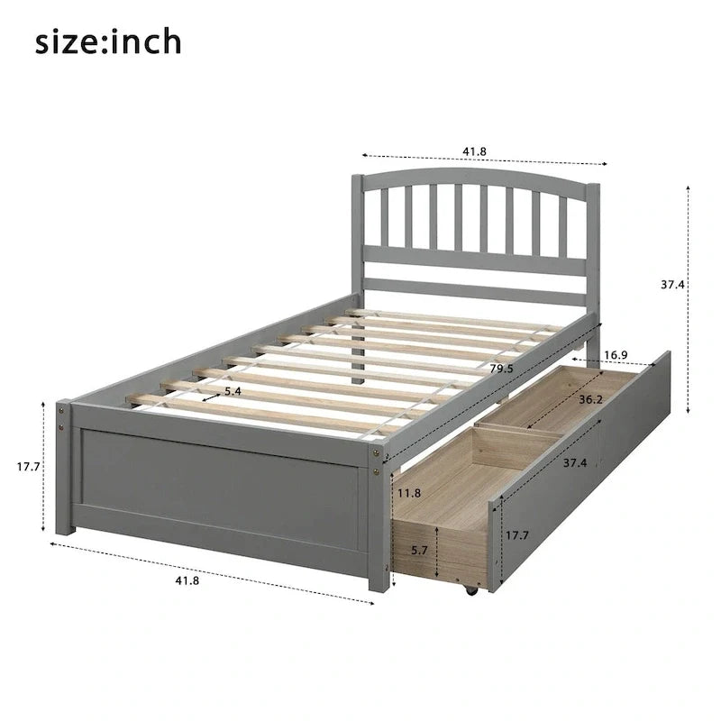 Letto a piattaforma singolo in legno Nestfair con due cassetti e testiera