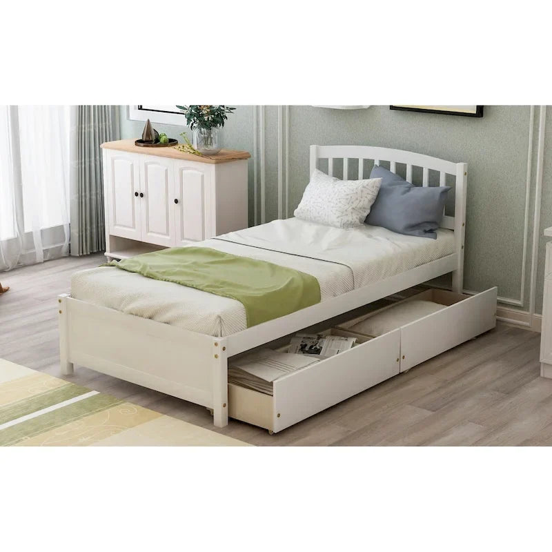 Letto a piattaforma singolo in legno Nestfair con due cassetti e testiera