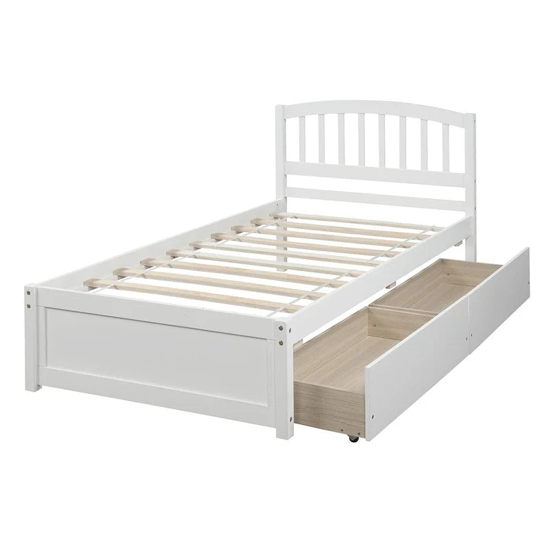 Letto a piattaforma singolo in legno Nestfair con due cassetti e testiera