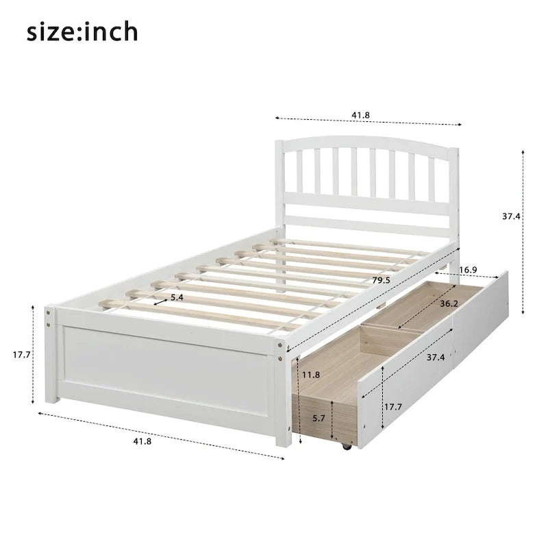 Letto a piattaforma singolo in legno Nestfair con due cassetti e testiera