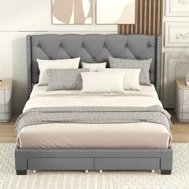 Queen Size Linen Platform Bed with 2 Drawers