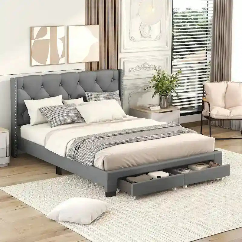 Queen Size Linen Platform Bed with 2 Drawers