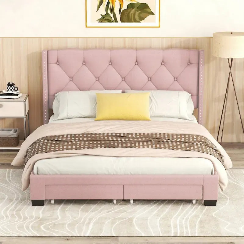 Queen Size Linen Platform Bed with 2 Drawers