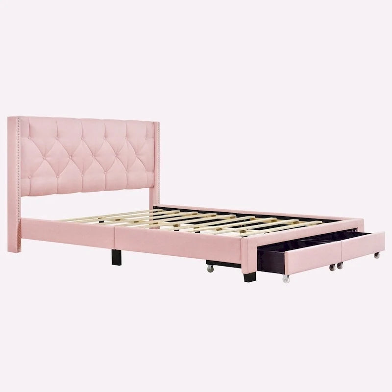 Queen Size Linen Platform Bed with 2 Drawers