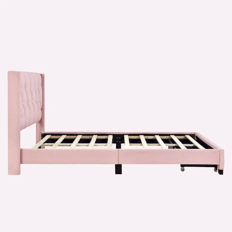 Queen Size Linen Platform Bed with 2 Drawers