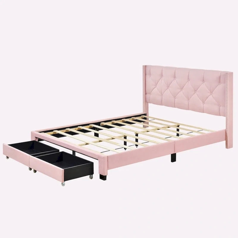 Queen Size Linen Platform Bed with 2 Drawers