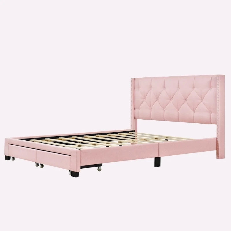 Queen Size Linen Platform Bed with 2 Drawers