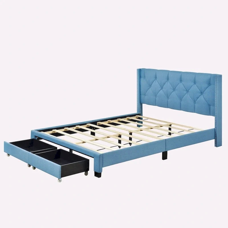 Queen Size Linen Platform Bed with 2 Drawers
