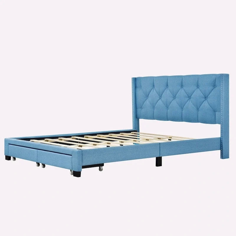 Queen Size Linen Platform Bed with 2 Drawers