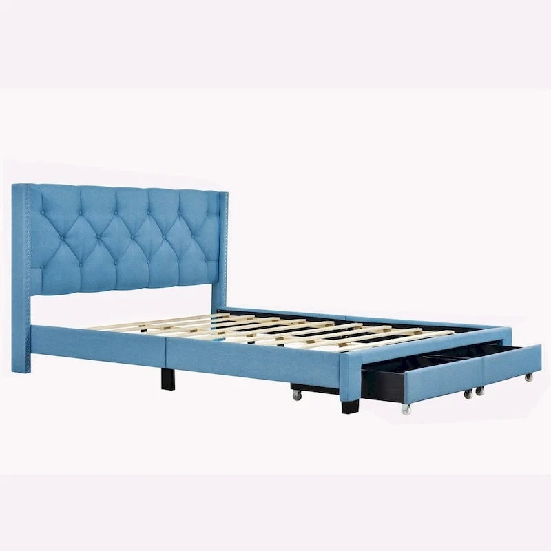 Queen Size Linen Platform Bed with 2 Drawers