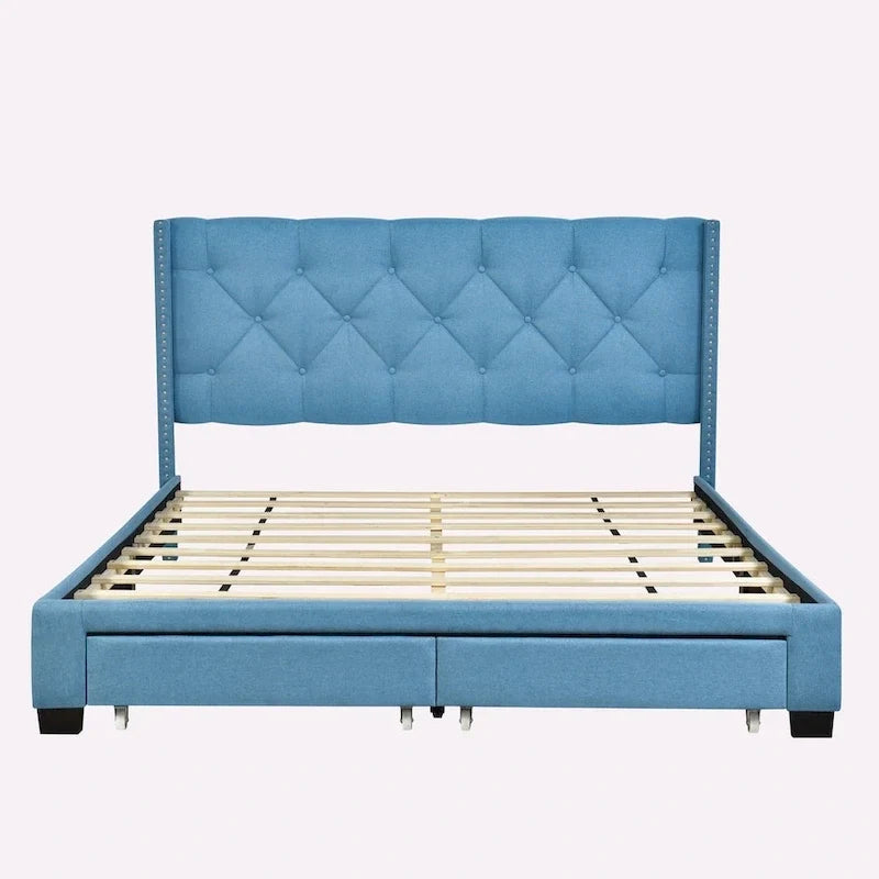 Queen Size Linen Platform Bed with 2 Drawers