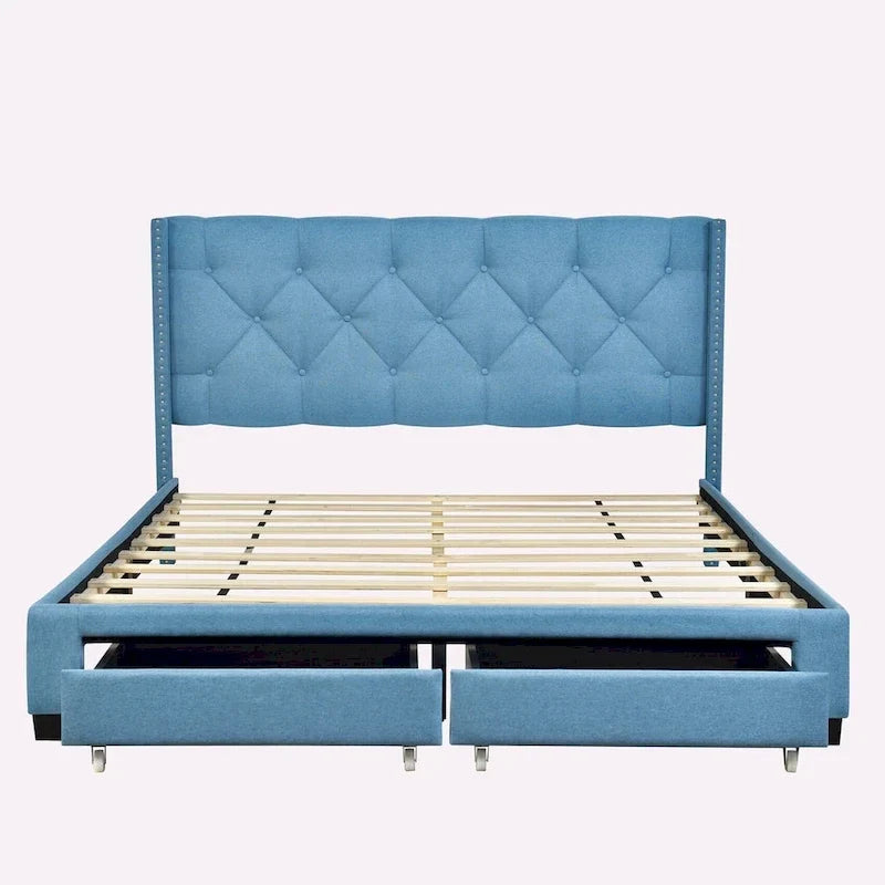 Queen Size Linen Platform Bed with 2 Drawers