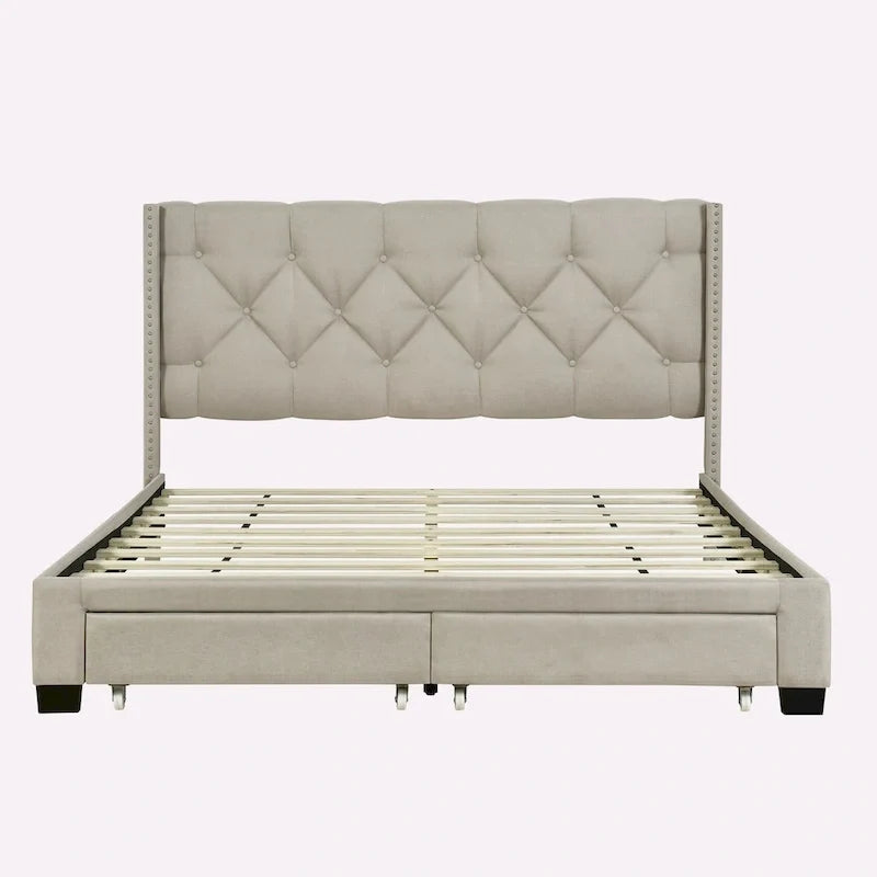 Queen Size Linen Platform Bed with 2 Drawers